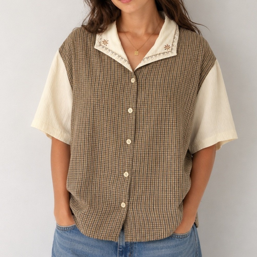 VTG Plaid Button Front Blouse 2X Cottagecore Academia Librarian Fall Rustic
